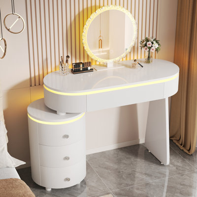 Small Vanity Desk Adjustable Tabletop Length,Storage Cabinet Reversible Layout,Vanity Detachable Mirror