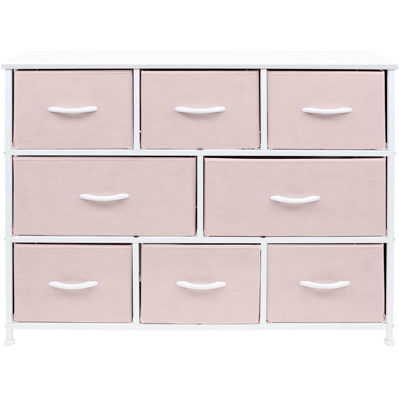 Sorbus 8 Drawers Wide Dresser with Steel Frame, Wood Top, and Fabric Bins, Pink