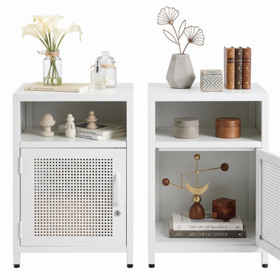 White Metal Locker Nightstand with Locking Cabinet & Open Shelf, Industrial Bedside Table with Stainless Steel Frame for Dorm & Bedroom