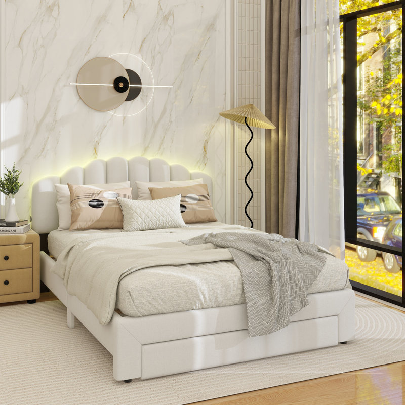 Grand lit plateforme tapissier Teddy, Blanc
