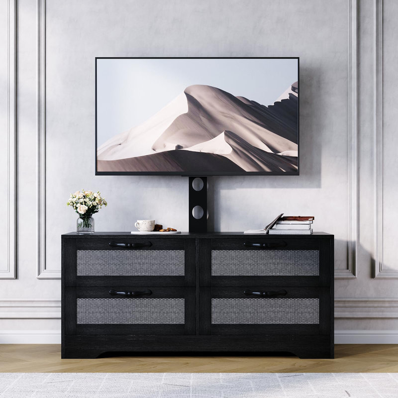 Meuble télé de style ferme de 110 cm (43,3 po) avec 4 tiroirs et support réglable pour téléviseurs jusqu'à 165 cm (65 po).