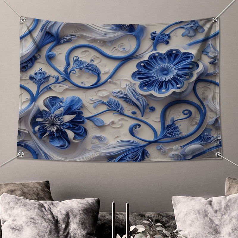 Tapisserie murale fleurs bleues quilling bleues, 104in H x88 with 4 Grommets