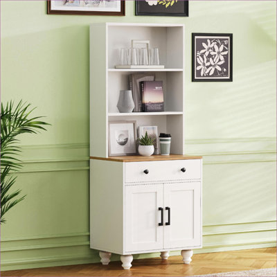 Cabinets | 63 Inch Tall Storage Cabinet with Adjustable Shelves, Solid Wood Gourd-Shaped Legs, Drawer, 5 Tier Bookshelf Pantry, Snow White | Farmhouse | Kitchen