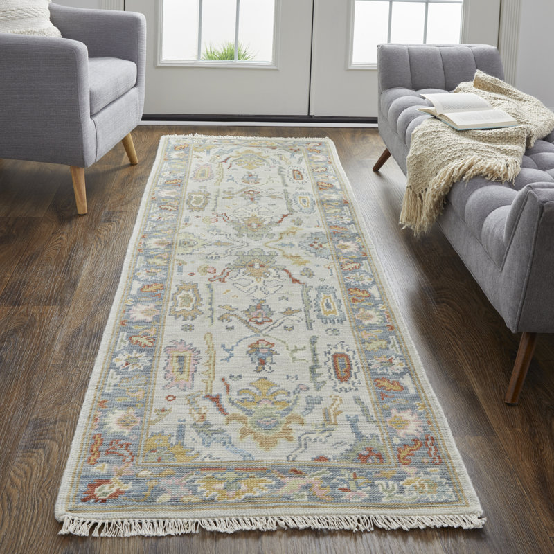 Karina Hand Knotted Wool Floral Area Rug in Blue/Gray/Rust/Gold, Runner 2'6" x 8'