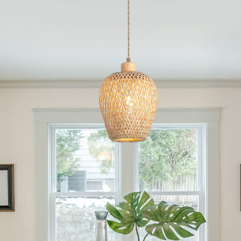 Luminaire suspendu en bambou à une lumière ajustable en forme de panier de style bohème à une main pour îlot de cuisine Farmhouse Home