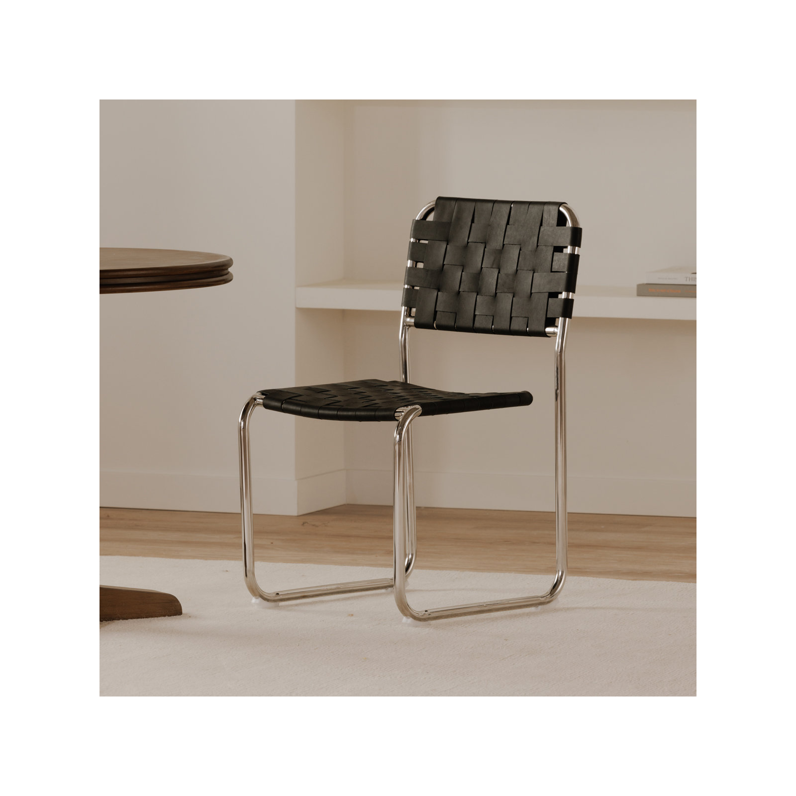 Bailee Woven Leather Cantilever Dining Chair, Black Top Grain Leather, Silver