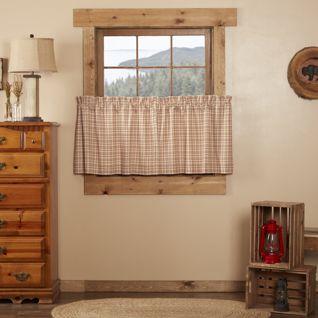 Tacoma Plaid Cotton Ruffled 36" Cafe Curtain in Cream/Burgundy (Set of 2) VHC Brands 