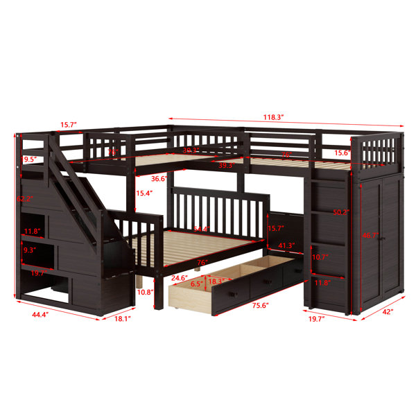 Latitude Run® Twin-Twin Over Full L-Shaped Space Saving Bunk Bed With 3 ...