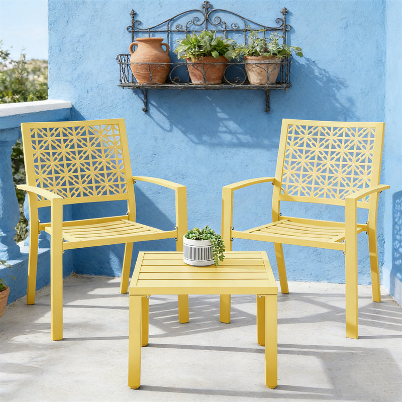 3-Piece Outdoor Conversation Set With Stackable Chairs - All-Steel Art Deco Design, 330 Lb Chair Capacity, Weather-Resistant For Patio, Garden & Poolside