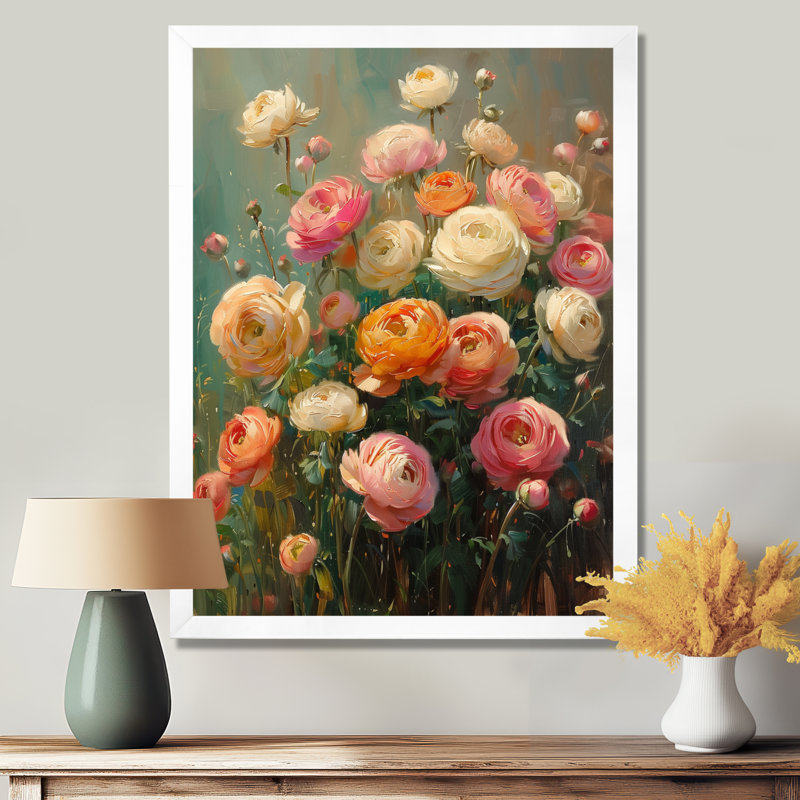 Rose, blanc, ferme, charme, Renoncule I - Renoncule, art mural, salon, Cadre flottant brun, H 12 po x l 20 po