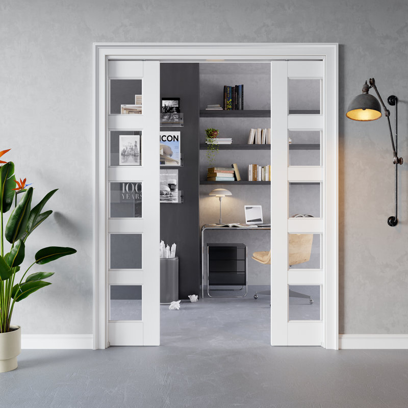 Intérieur de la porte en verre transparent 5-Lite, portes en verre trempé CARB P2 en panneau de fibres à densité moyenne et en verre trempé, avec cadre solide renforcé et trousse de quincaillerie, porte de chambre coulissante pré-finie et imperméable pour garde-manger, chambre à coucher, salle de bain et garde-robe 72 po x 80 po