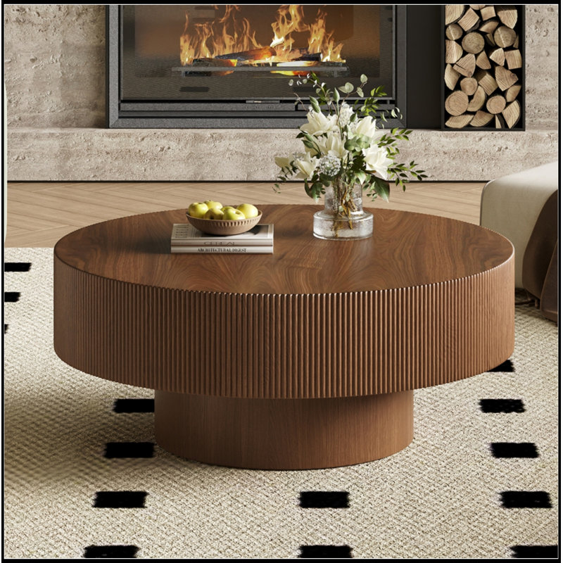 Table basse ronde avec base robuste, H 13,7 po x L 31,5 po x l 31,5 po, Noyer