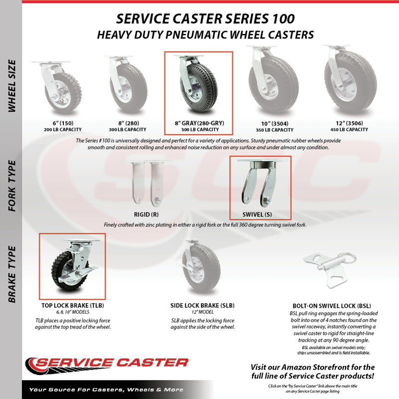8 Inch  Pneumatic Wheel Caster Set 2 Swivel with Brakes and 2 Rigid SCC/SCC-100S280-PNB-GRY-TLB-2-R280-2