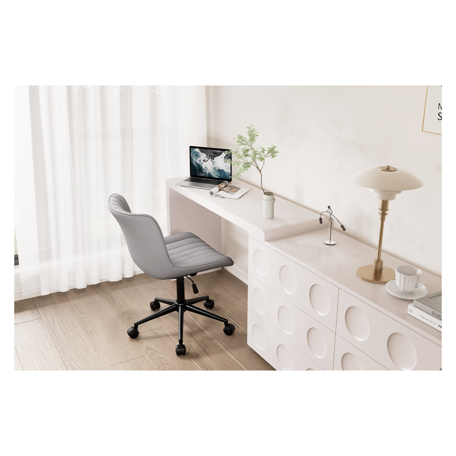 Brionni Leather Swivel Task Chair with Casters, Gray Seat/ Black Frame