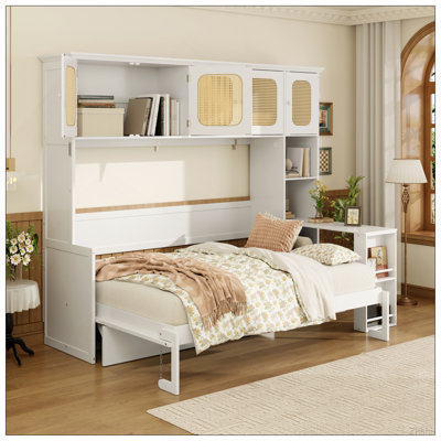 Full Murphy Bed with Desk and Rattan Cabinets, Space-Saving Wall Bed for Home Office, Warm White