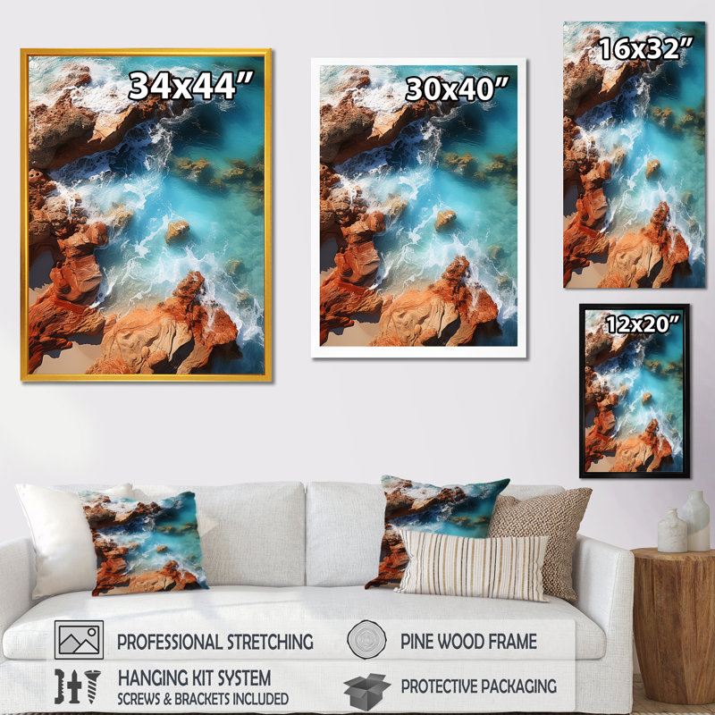 Plage bleue bleue vue aérienne V - Art mural plage, Toile tendue, H 44 po x l 34 po x P 1,5 po