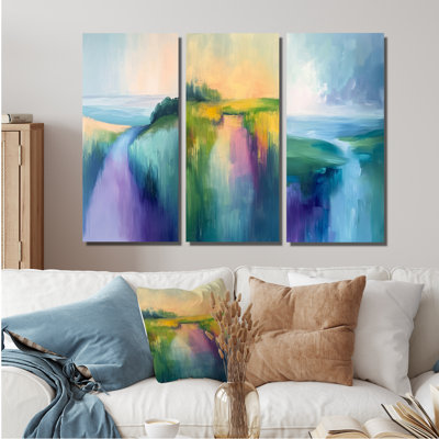«Blue and Purple Dreamy Landscape Meadow I», collection de 3 grands panneaux modernes sur toile