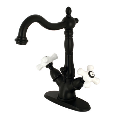 Kingston Brass Heritage Two-Handle 1-or-3 Hole Deck Mount Bathroom Faucet with Brass Pop-Up