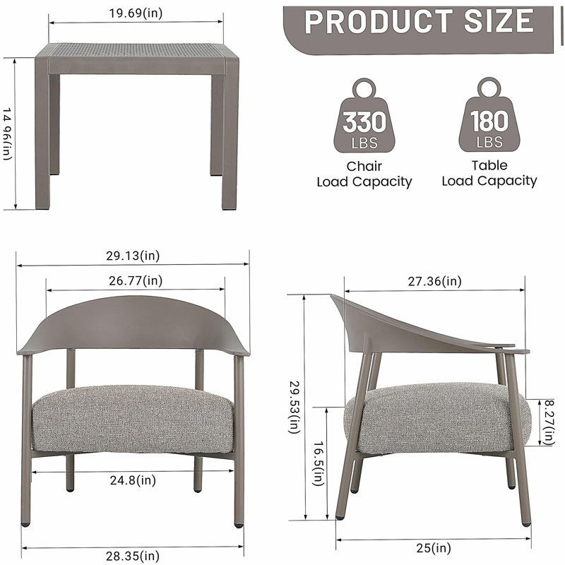 Holiday - Ensemble de 2 chaises d'appoint modernes avec table basse - Ensemble de canapé en PP et cadre en acier gris chaud, sièges rembourrés pour le salon, le salon et le balcon (2 chaises + 1 table)