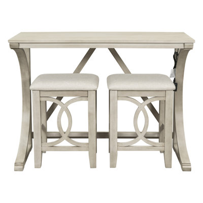 Ensemble de table de salle à manger 3 pièces à hauteur de comptoir avec port USB et tabourets rembourrés, blanc laiteux