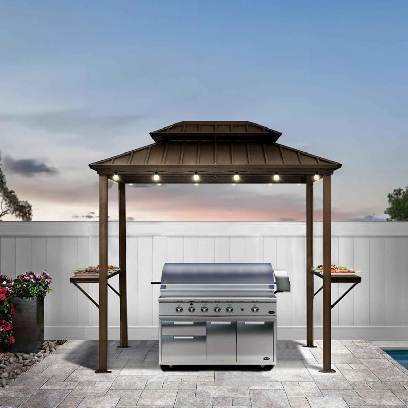 Aluminum Hardtop Grill Gazebo with Lighted, Brown, 6' x 8'