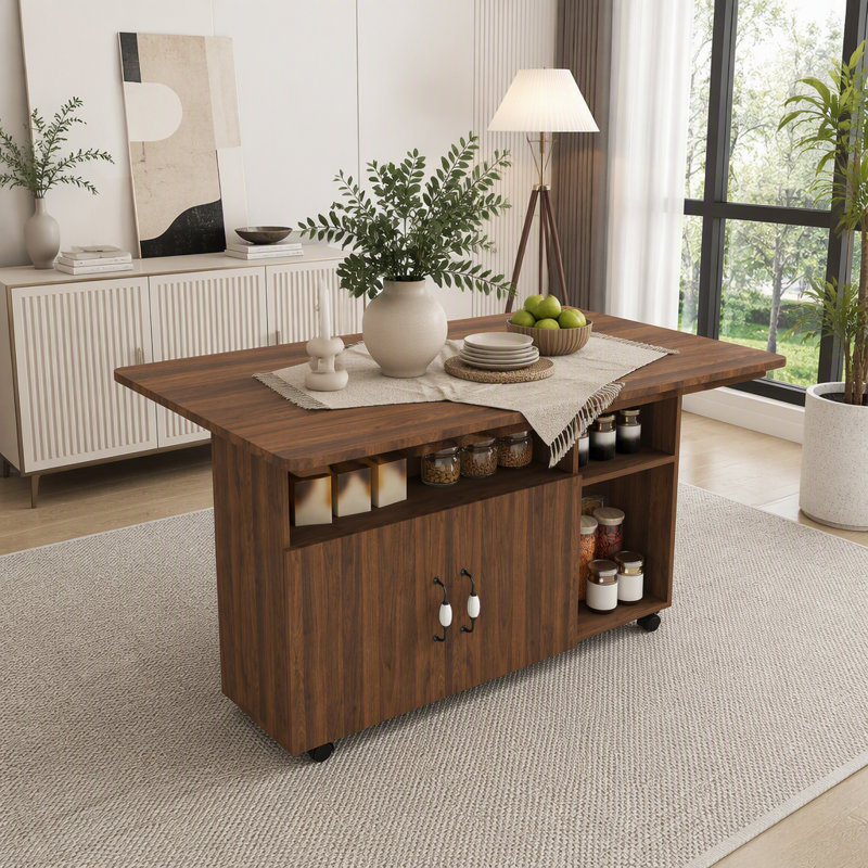 Table pliante de 47 pouces avec tablettes et roulettes de rangement - Conception multifonctionnelle compacte, Walnut