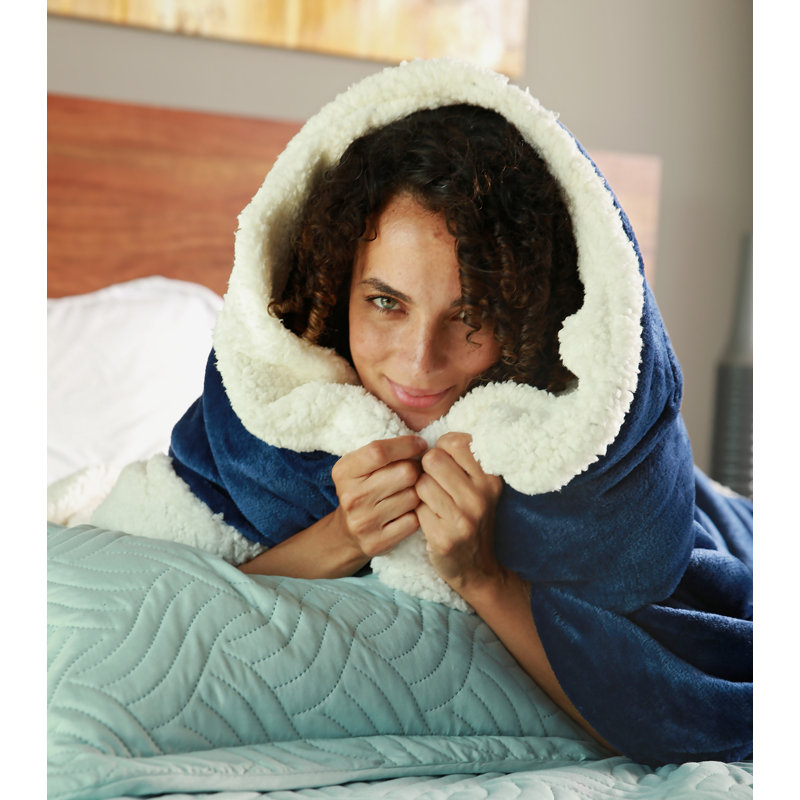 Navy Blue Reversible Sherpa Fleece Throw Blanket, 50x60 inches