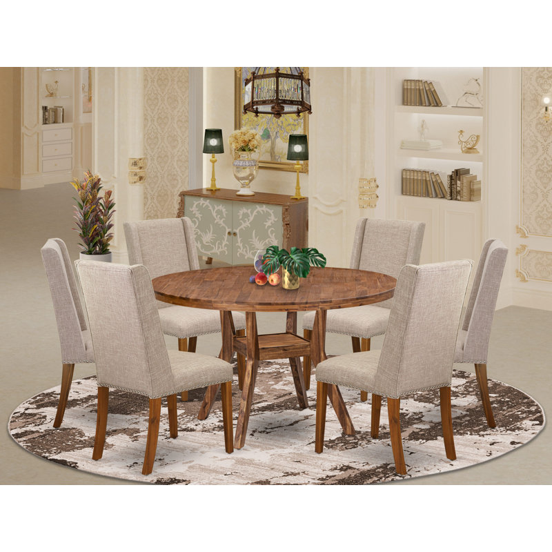 E496581798A24F82AC90CEF4560DF140 - 7-Pc Modern Dining Set - A Table and 6 Light Tan Linen Fabric Chair, Antique Walnut