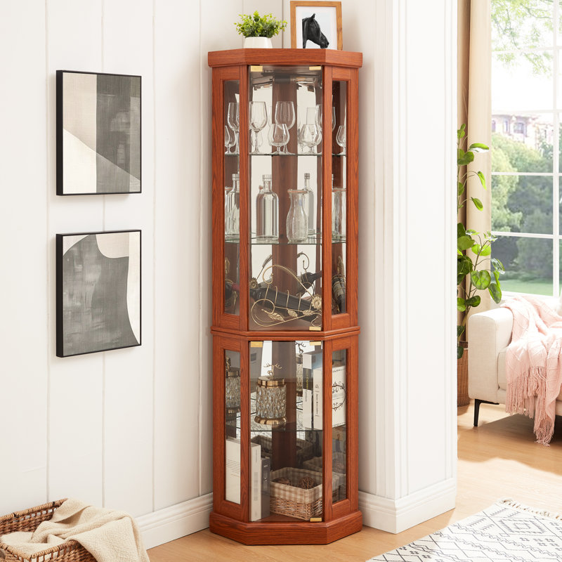 Armoire de coin lumineuse en verre, chêne foncé, conception à deux sections, étagères réglables, surmatelas, pour collection et vitrine à vin