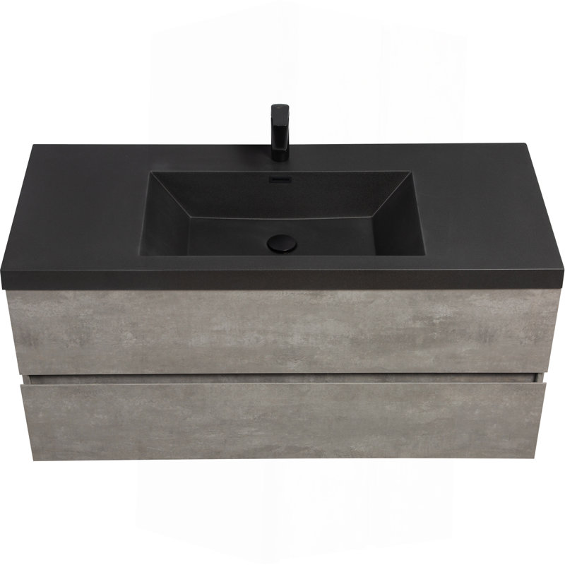 Meuble-lavabo flottant 48 po avec lavabo, meuble-lavabo mural moderne avec lavabo à quartz noir et tiroirs à fermeture en douceur, gris ciment ciment EDI