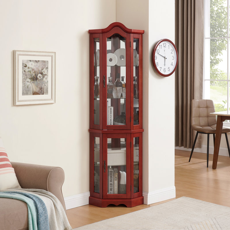 Corner Cabinet, Glass, Glass Door, With Tempered Doors And Shelves - Elegant Cherry Display Case
