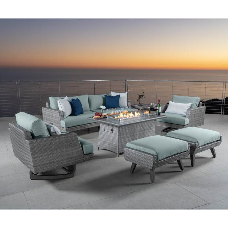  Alan Winnie 7 Piece Rattan Sofa Seating Group with Sunbrella Cushions, Gray Frame/Spa Blue Cushion