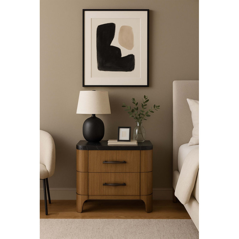 Table de chevet à 2 tiroirs en pierre durable avec charge USB, placage d'eucalyptus et tiroirs à fermeture en douceur pour un rangement élégant