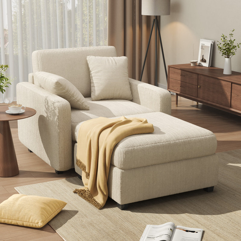 Atlai 40''W Upholstered Chaise Lounge with Ottoman and Two Pillows, Cream