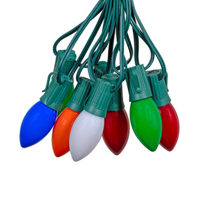  25 Feet LED C9 String Lights, Ceramic Multicolor, 25 Bulbs with 12 Inch Spacing on Green Wire, Connect Up To 43 Strings Together, Shatterproof and Weather Resistant Removable Bulbs