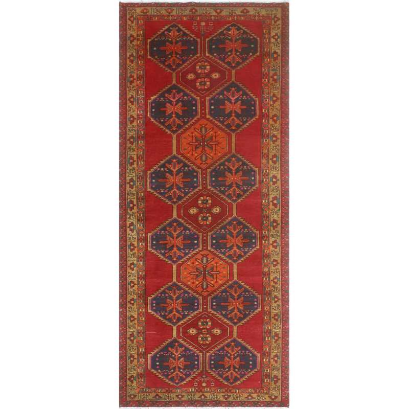 One-of-a-Kind 4'1" x 10'2" New Age Runner Wool Area Rug in Ivory and Red