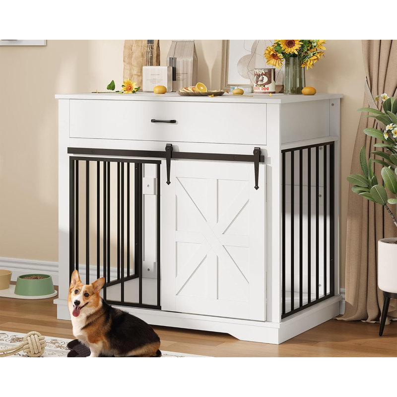 Meuble pour cage de chien 37,8 po avec tiroir de rangement, table de chenil et porte de grange coulissante, Blanc