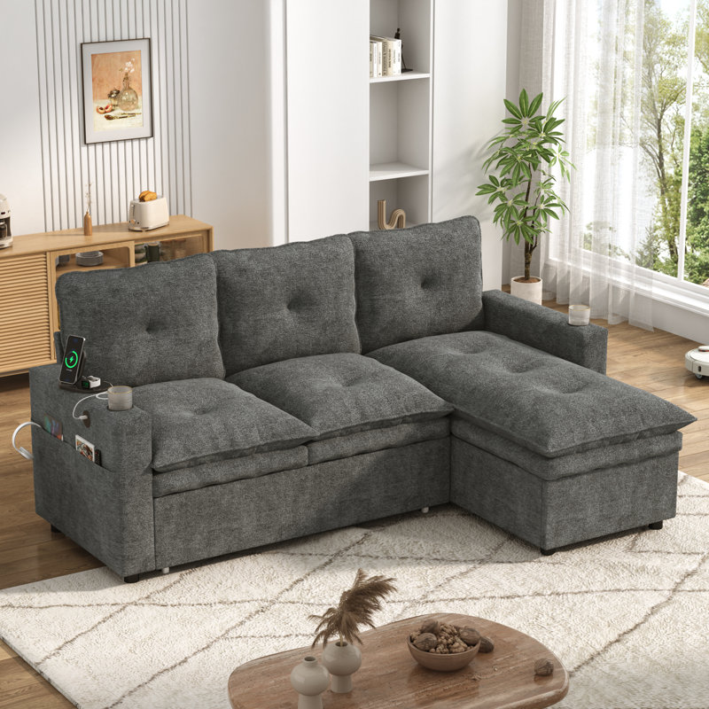 81" Sleeper Sofa Bed with Pull Out Couch & Reversible Storage Chaise, Convertible Sectional Sofa Bed with 5-Level Adjustable Backrest & USB Ports, Cloud Comfy Chenille Couch for Small Space Living Room