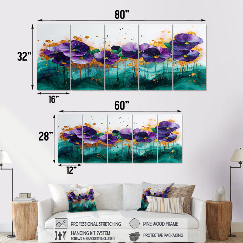 Lavande, pensées sur encre émeraude II - pensées murales - Art mural traditionnel, H 28 po x l 60 po, 5
