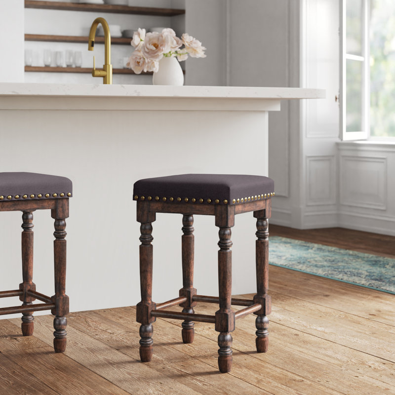 Tabouret de bar et de comptoir Asyiah, Brun rustique avec tissu gris anthracite