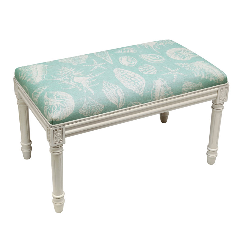 Seashells Linen Blend Upholstered Bench, Aqua