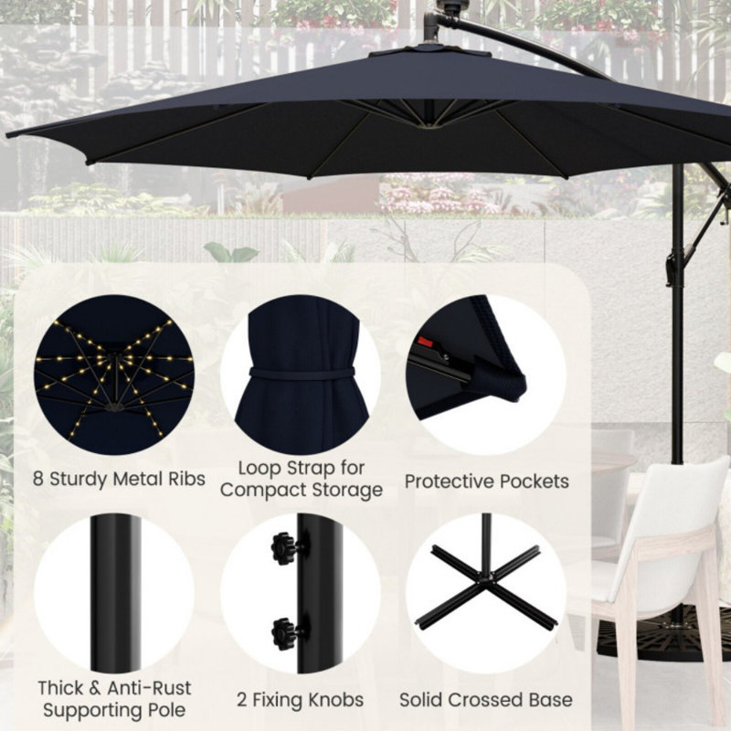 Coffee 10FT Solar-Lighted Cantilever Offset Patio Umbrella