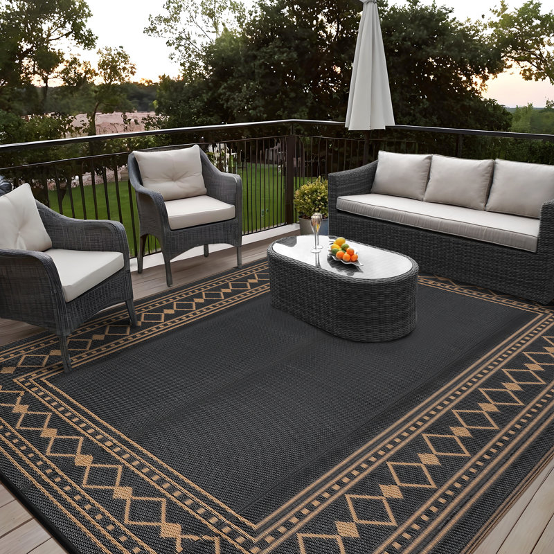 Large Waterproof Outdoor Rug Reversible Polypropylene Patio Carpet, Easy Clean, All-Weather, UV Protected, Non-Slip, Modern Boho Mat