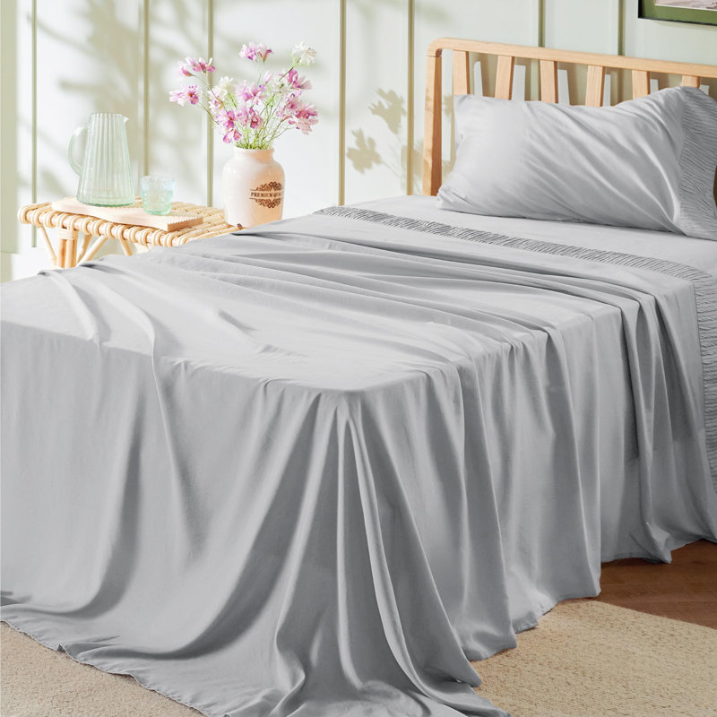 Ensemble de draps en microfibre de polyester Literie Hotel, Ensemble de draps pour lit simple avec 1 taie d'or, Gris clair