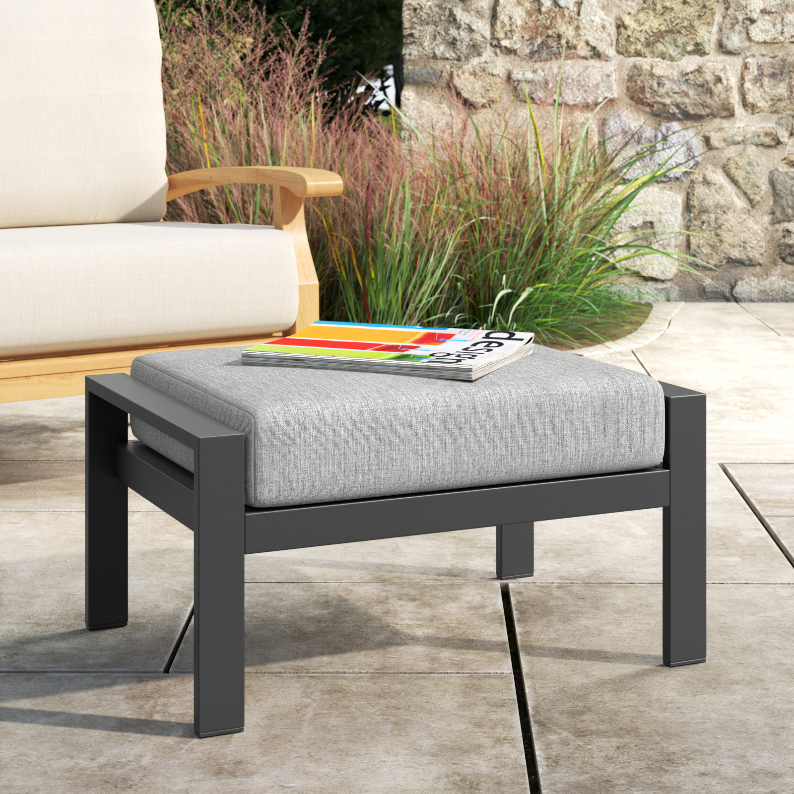 Townsend Metal Outdoor Ottoman with Sunbrella Cushion, Canvas Granite Sunbrella® Canvas, No, None