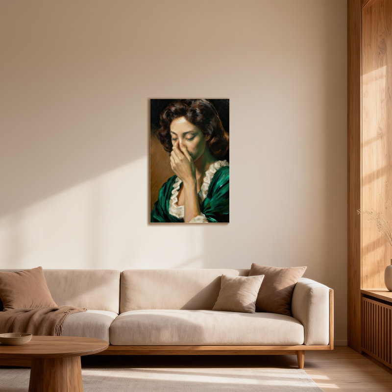Femme à la mode en robe verte avec la main sur le visage, H 30 po x l 20 po