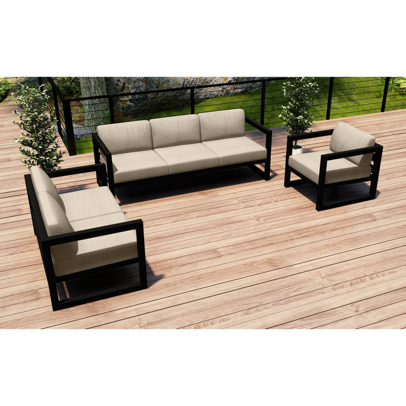 Avion 3 Piece Sofa Loveseat Set, Canvas Flax Sunbrella® Canvas, Black
