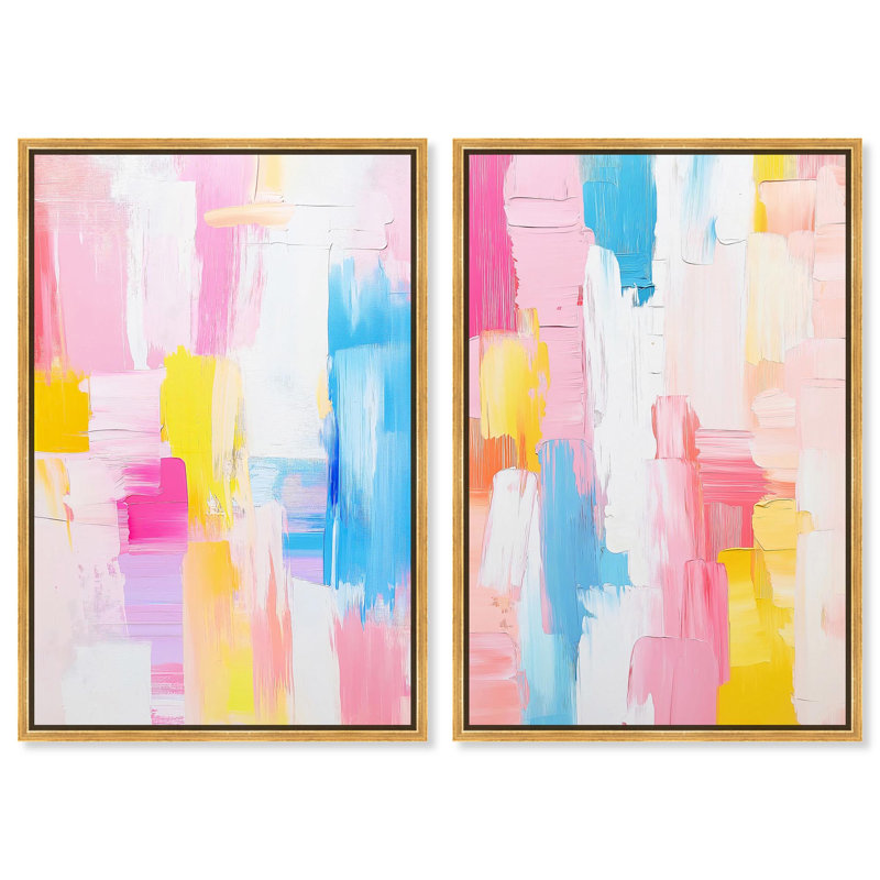 Joyful Abstracts Set, ensemble de 2 toiles Art Maximaliste, H 15 po x l 10 po, Cadre flottant doré
