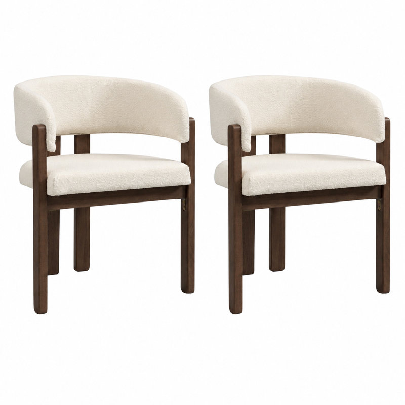 Boucle Upholstered Wing Back Armchair in Beige, Walnut