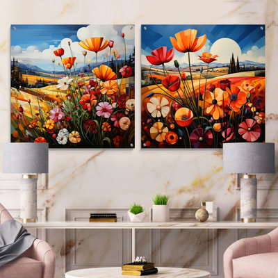Abstract Blooms Harmony Field - Meadow Acrylic Wall Art Glass Set Of 2